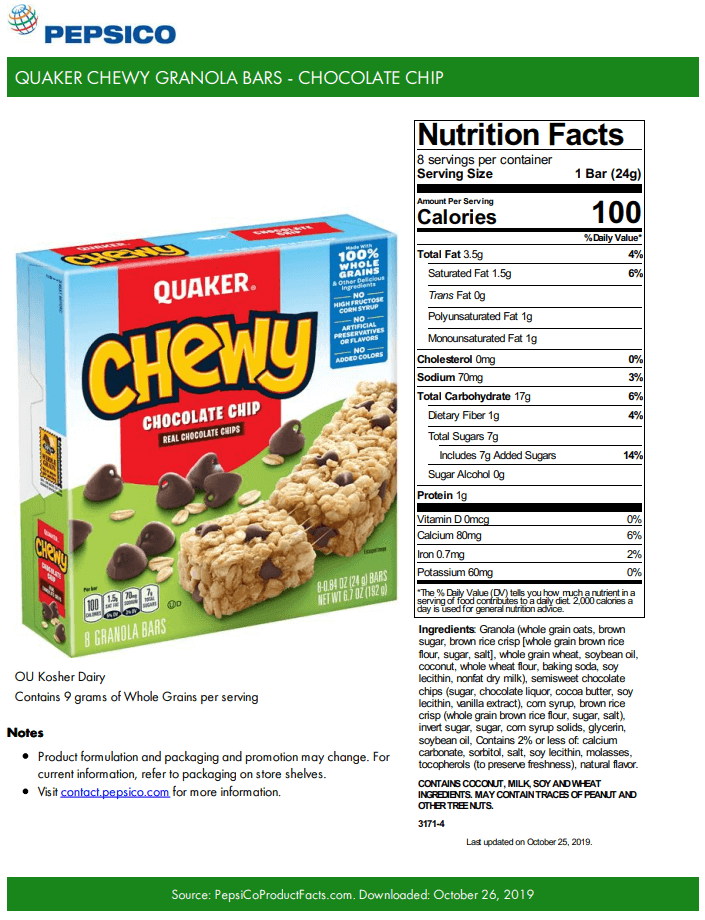 Quaker Chewy Chocolate Chip Bars Product Fact Sheet