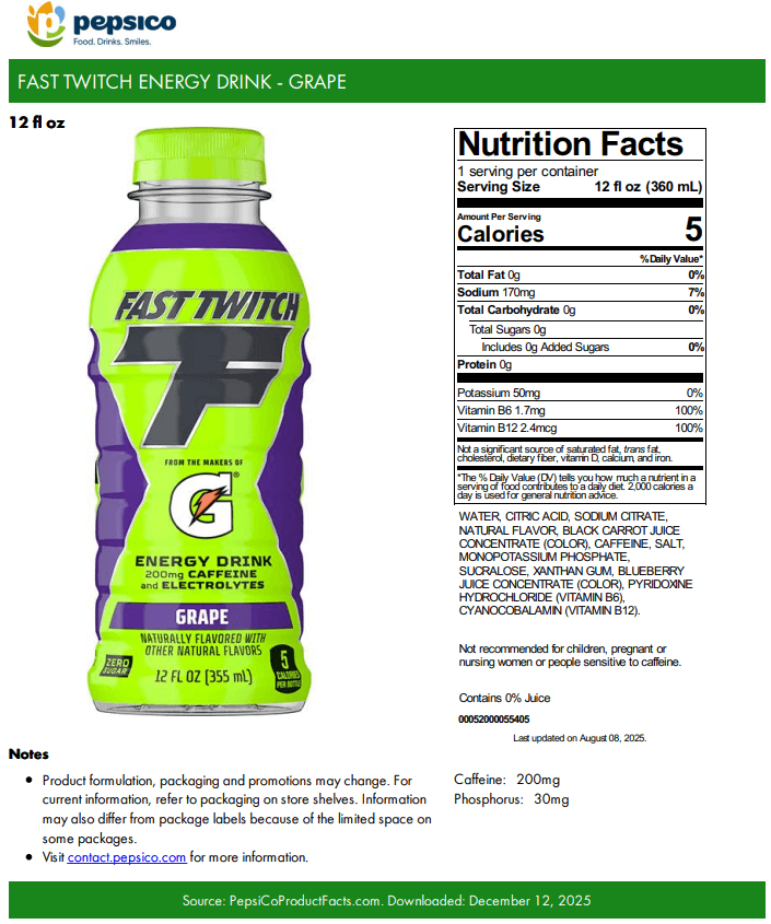 Fast Twitch Energy Drink Grape Product Fact Sheet