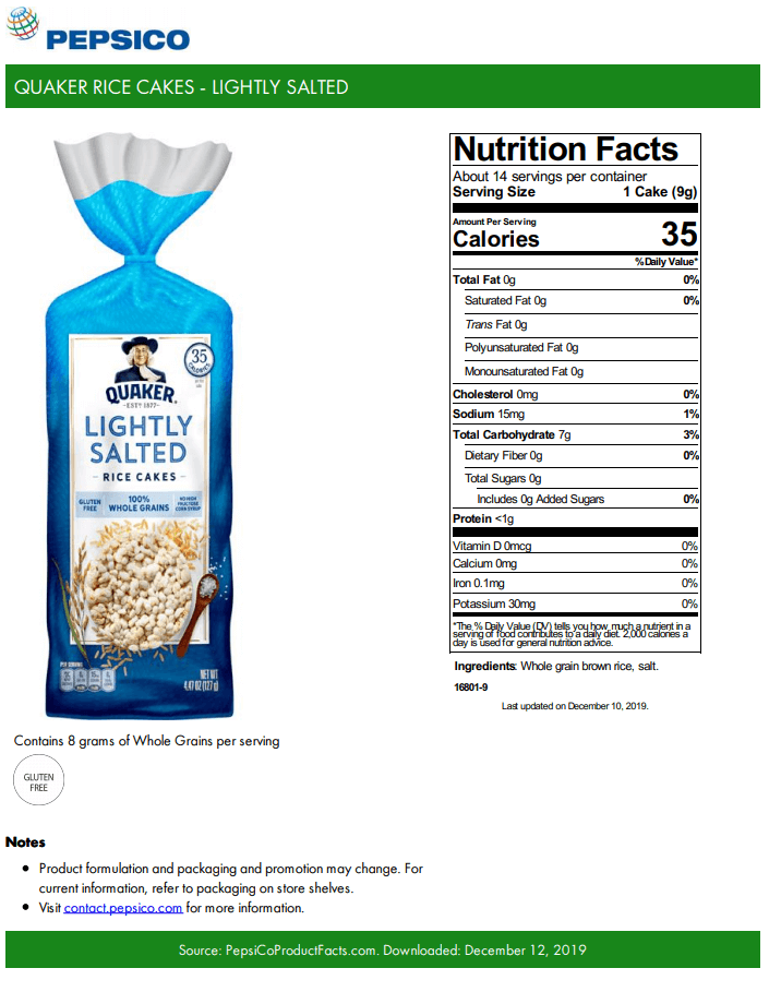 Lightly Salted Rice Cakes Product Fact Sheet